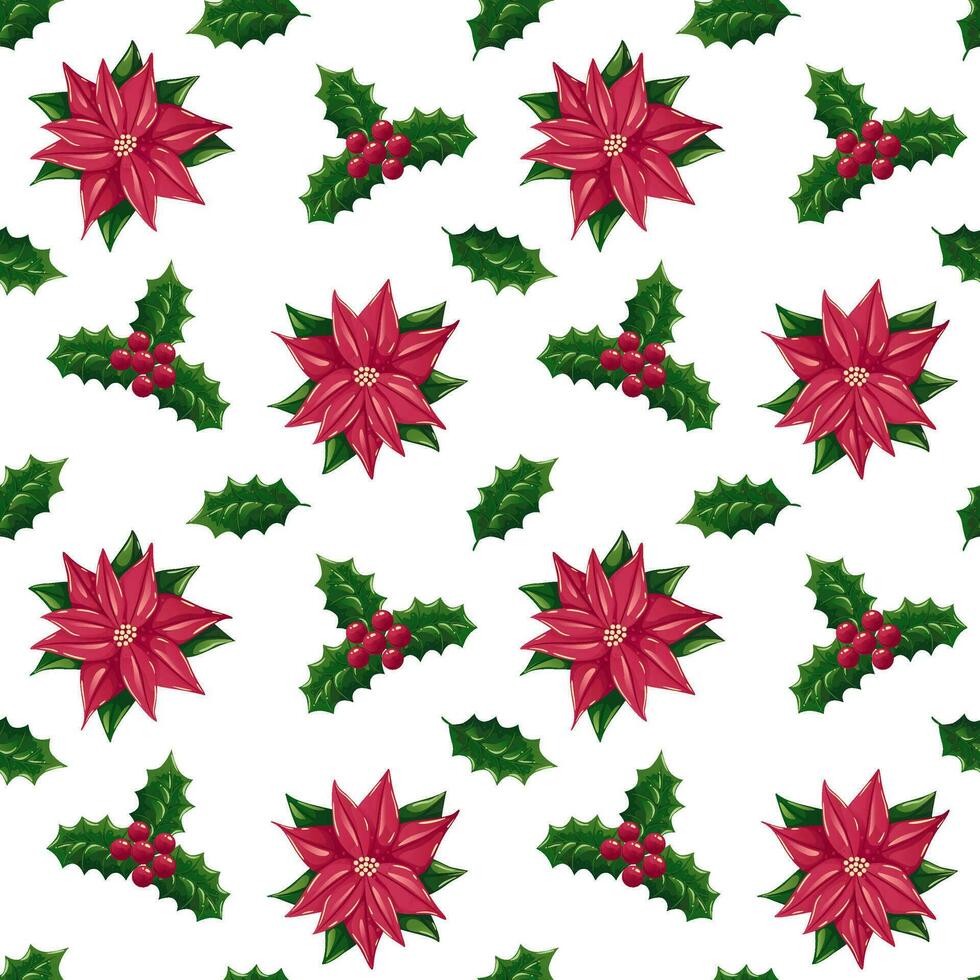 Christmas seamless pattern with holly berries branches and poinsettia flower Vector illustration of seamless background. Christmas decoration for holiday patterns, packaging, designs, wrapping