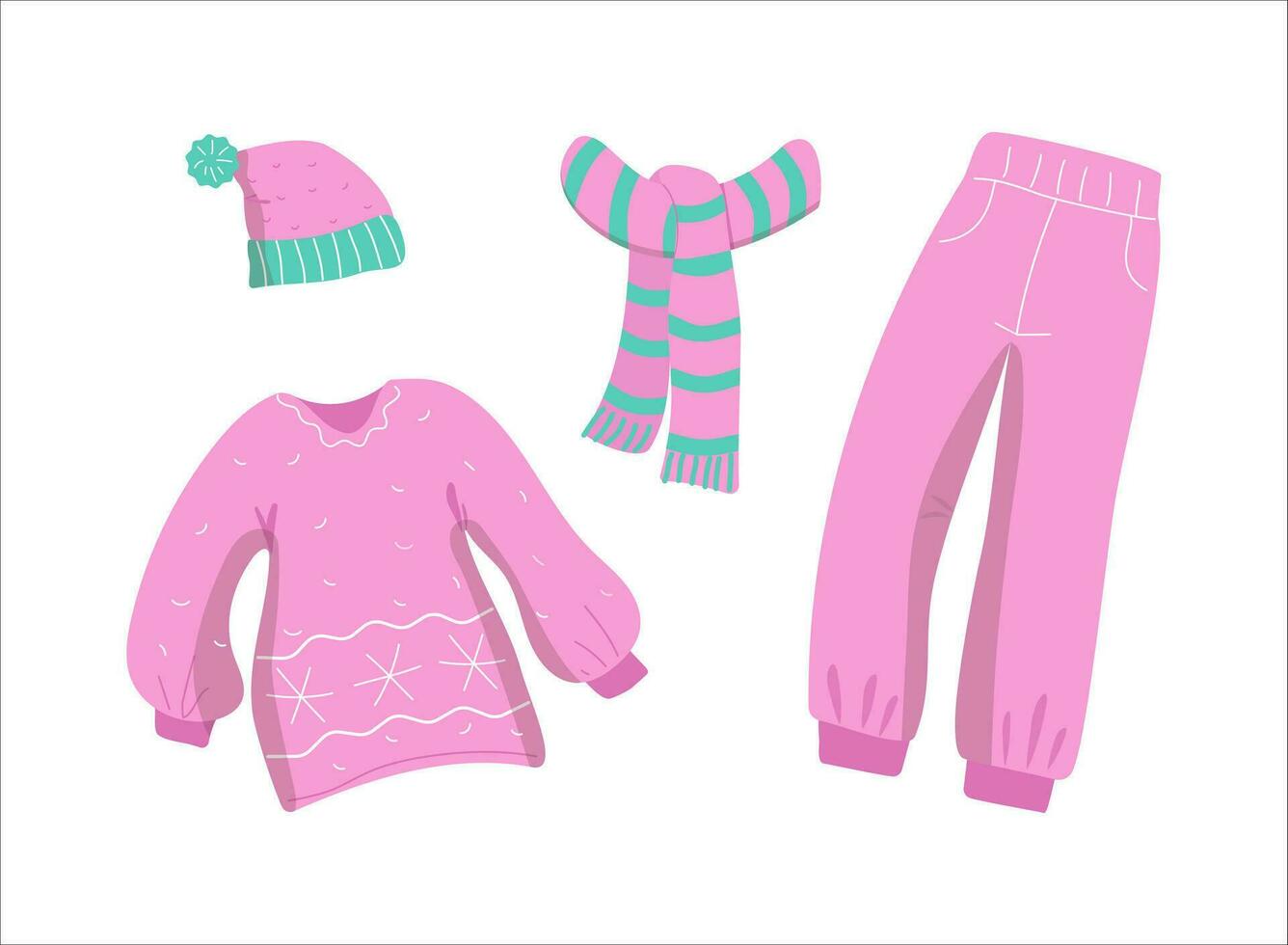 Warm, cozy clothes for leisure and home. Pink set, knitted hat with scarf, sweater and trousers. vector