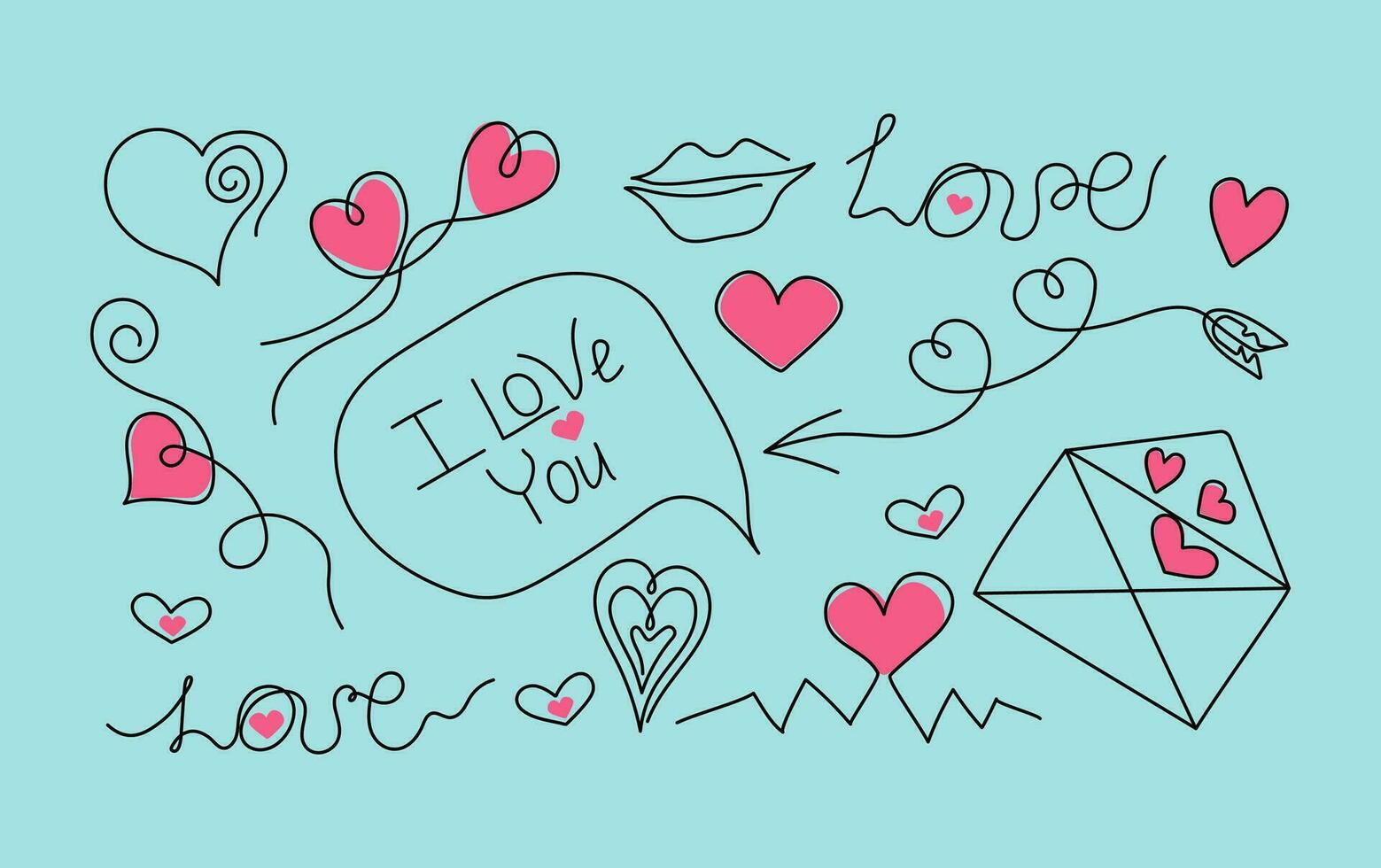 et of linear icons, hearts, decorative elements, and inscriptions. Envelope with a heart. Love letter, postcard design. Festive decor for Valentine's Day. vector