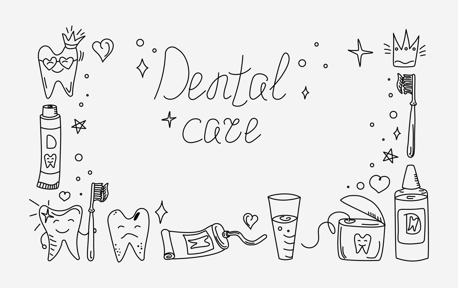 Frame border hand drawn dental vector set. Toothpaste, cartoon tooth