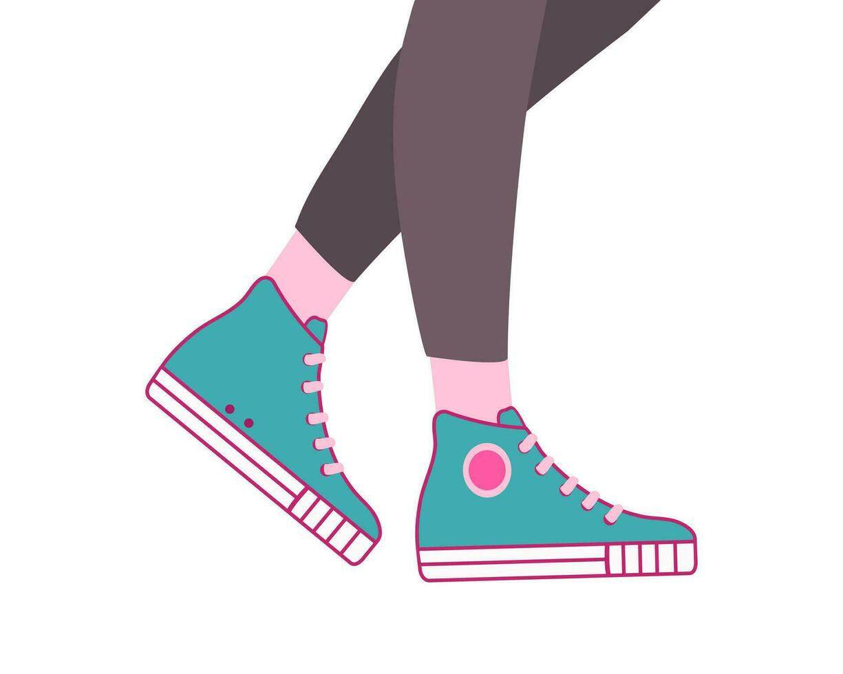 piernas de un niña en zapatillas. moderno de moda Zapatos para trotar y Deportes. cómodo corriendo zapatos. vector