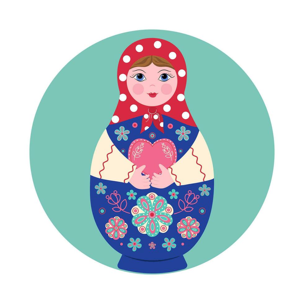 Wooden doll Matryoshka with a heart. Valentine's Day. Painted doll. vector