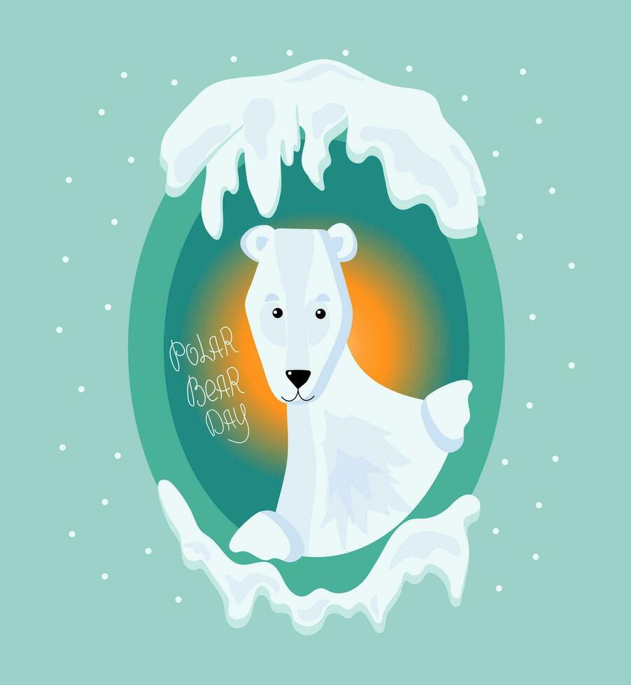 Cartoon polar bear in a frame. Arctic animal. International Polar Bear Day, signed card. Snow winter. vector