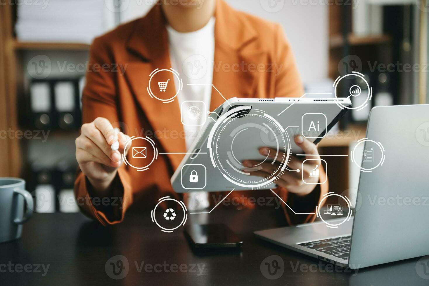 Businesswoman hand using laptop, tablet and smartphone  in office. Digital marketing media mobile app in virtual icon photo