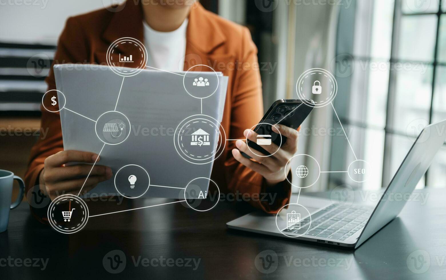 Businesswoman hand using laptop, tablet and smartphone  in office. Digital marketing media mobile app in virtual icon photo