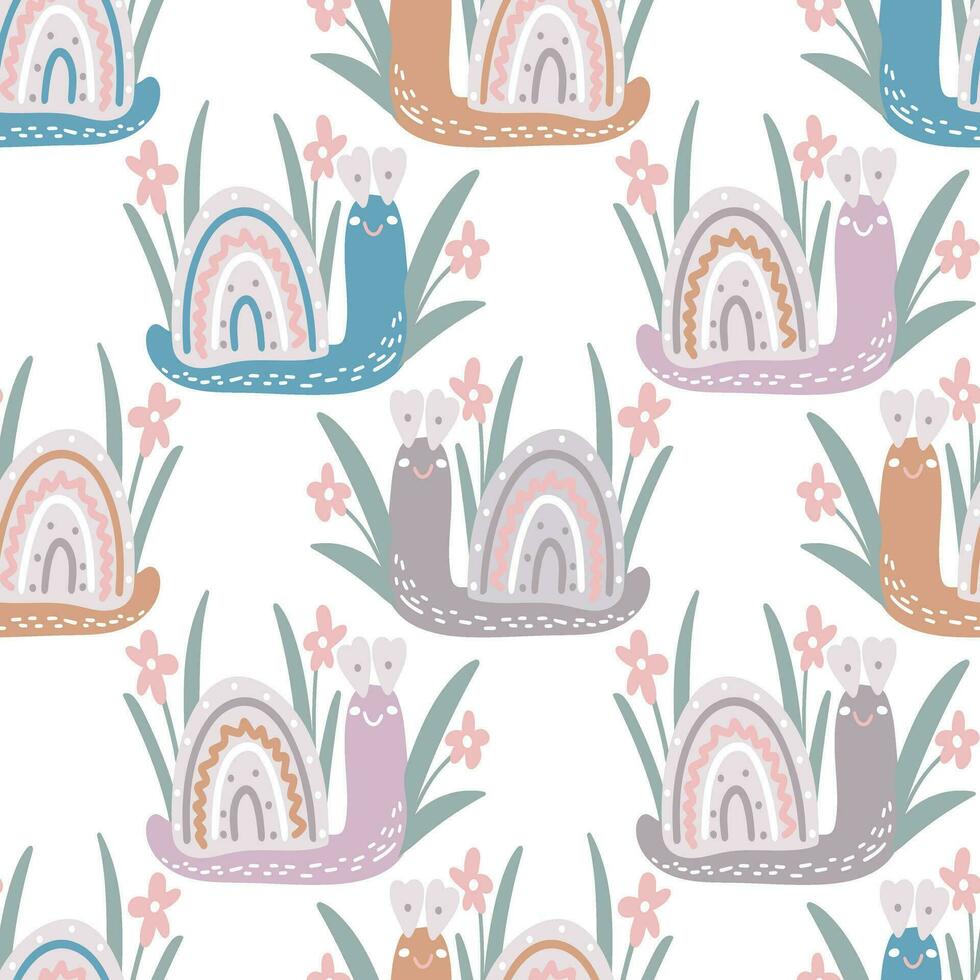 Cute snail hand drawn children seamless pattern vector