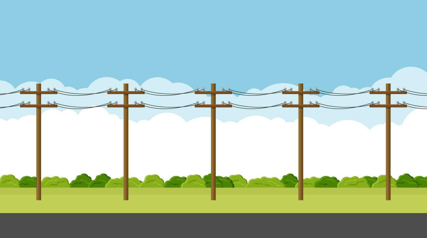 gastos generales eléctrico poder líneas con cables suspendido en utilidad postes vacío campo la carretera. utilidad polo electricidad concepto. alto voltaje alambres paisaje vector ilustración.