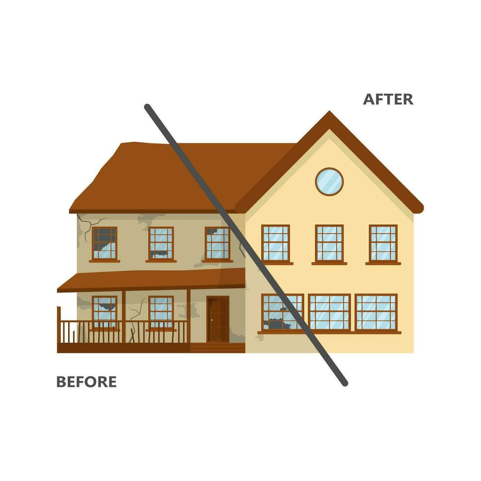 Broken and repaired house. Home before and after repair. Renovation building. Old abandoned dilapidated and new suburban cottage. House damaged cataclysm, earthquake and hurricane. Vector illustration