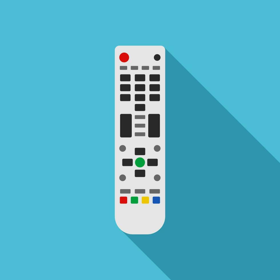 TV remote control device on blue background. Television technology channel surfing equipment with buttons icon. Distance media keyboard communication controller technology. Vector illustration.
