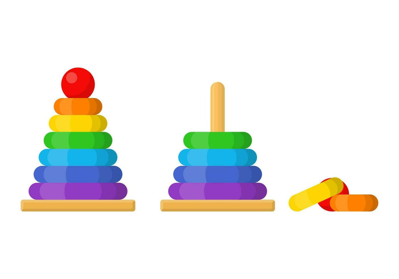 Assembled and disassembled colorful pyramid toy. Building stack up ring tower. Single toddler training educational toy. Fine motor developmen. Vector illustration.