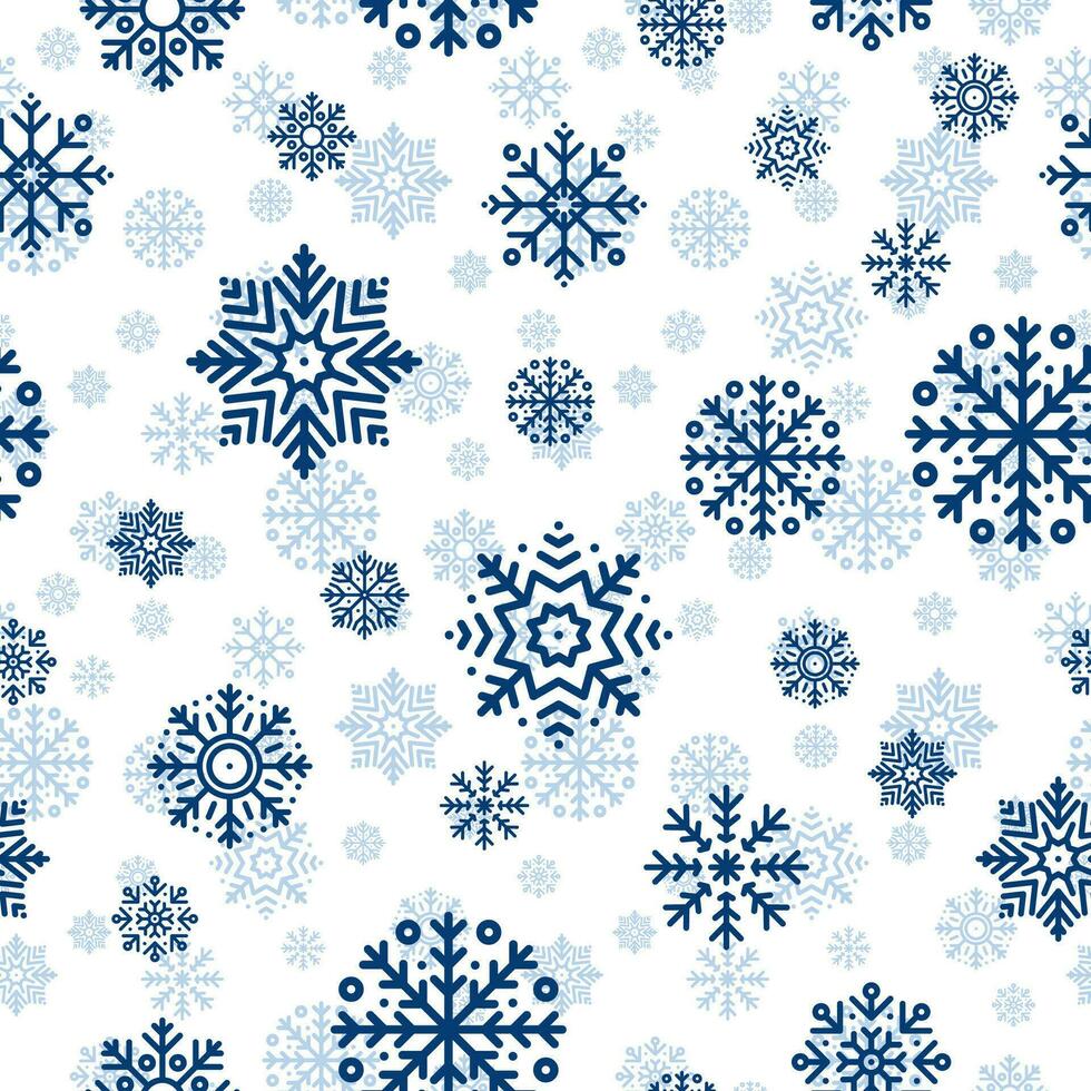 sin costura Navidad modelo con azul copos de nieve en blanco antecedentes. invierno decoración. contento nuevo año, frío temporada nevada. vector ilustración.