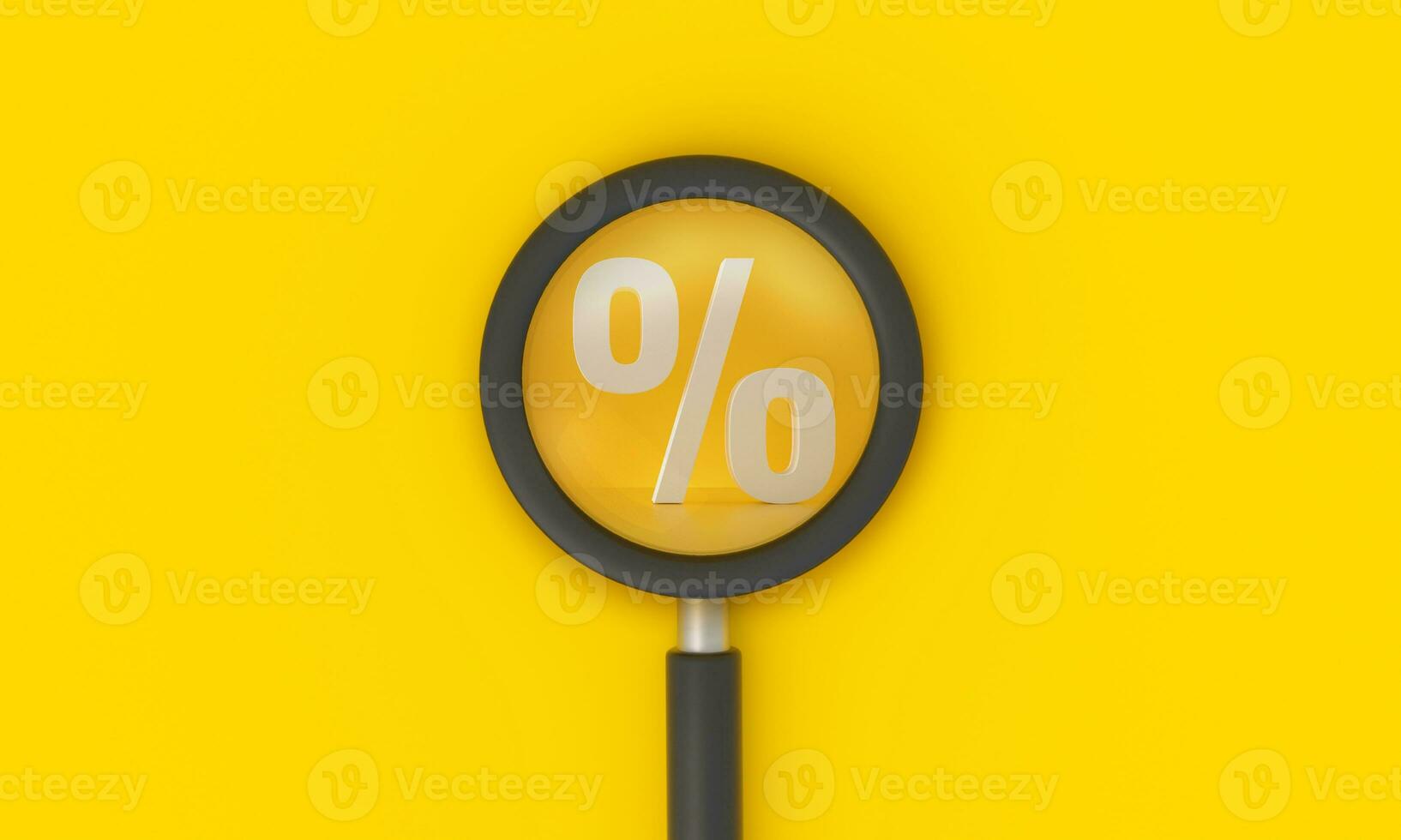 Magnifying glass looking to percentage sign for discounts on yellow background. photo