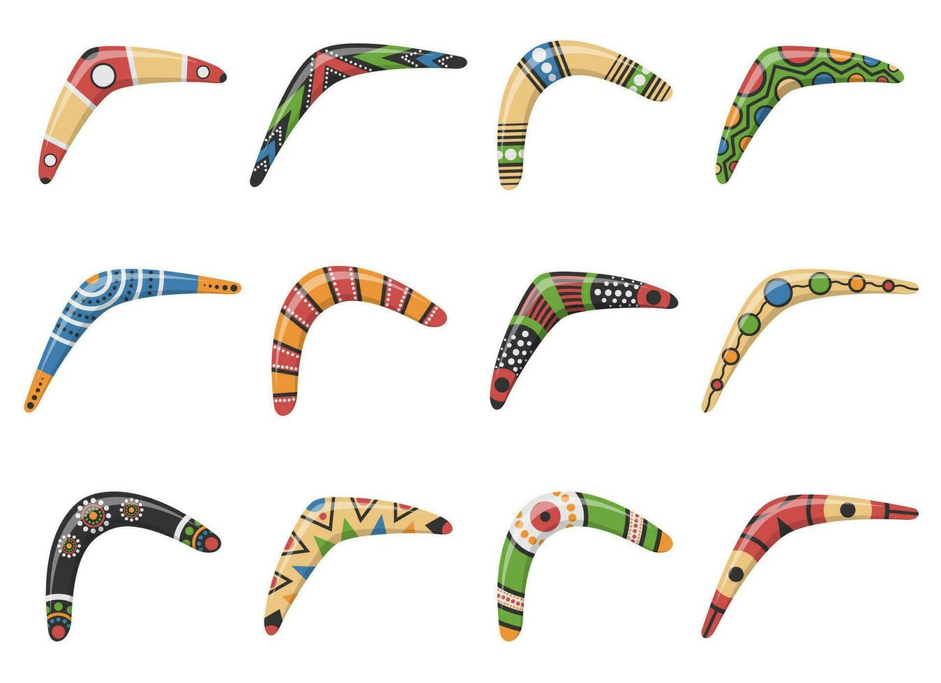 Traditional wooden boomerang of different shapes icons set isolated on white background. Australian native hunting and sport weapon. Aboriginal wooden boomerangs. Vector illustration.