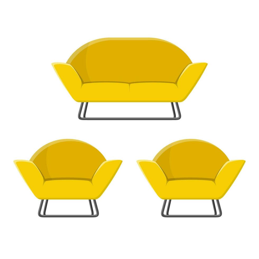 Stylish comfortable modern sofa and armchairs in flat style isolated on white background. Part of the interior of a living room or office. Soft furniture for rest and relaxation. vector