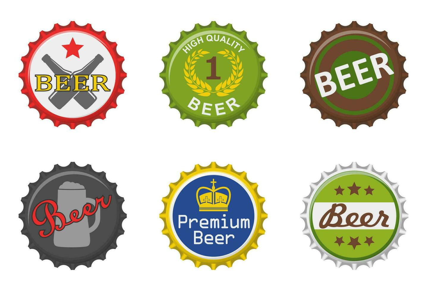 Colorful bottle beer caps set isolated on white background. Labels in the form of bottle aluminum caps, Beer bottle tops icon. Vector illustration.