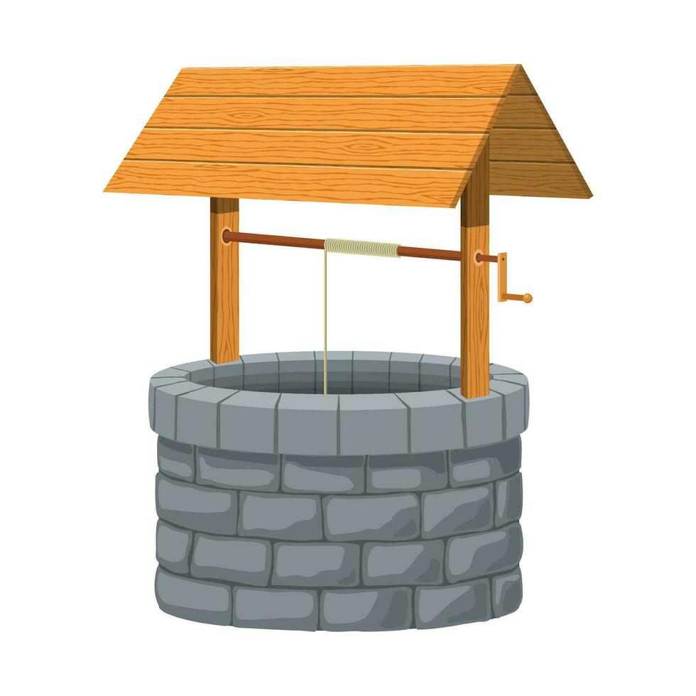 Old village stone water well with wooden roof isolated on white background. Rustic stone protective cover old traditional drinking water lift must have in city and village since ancient times. vector