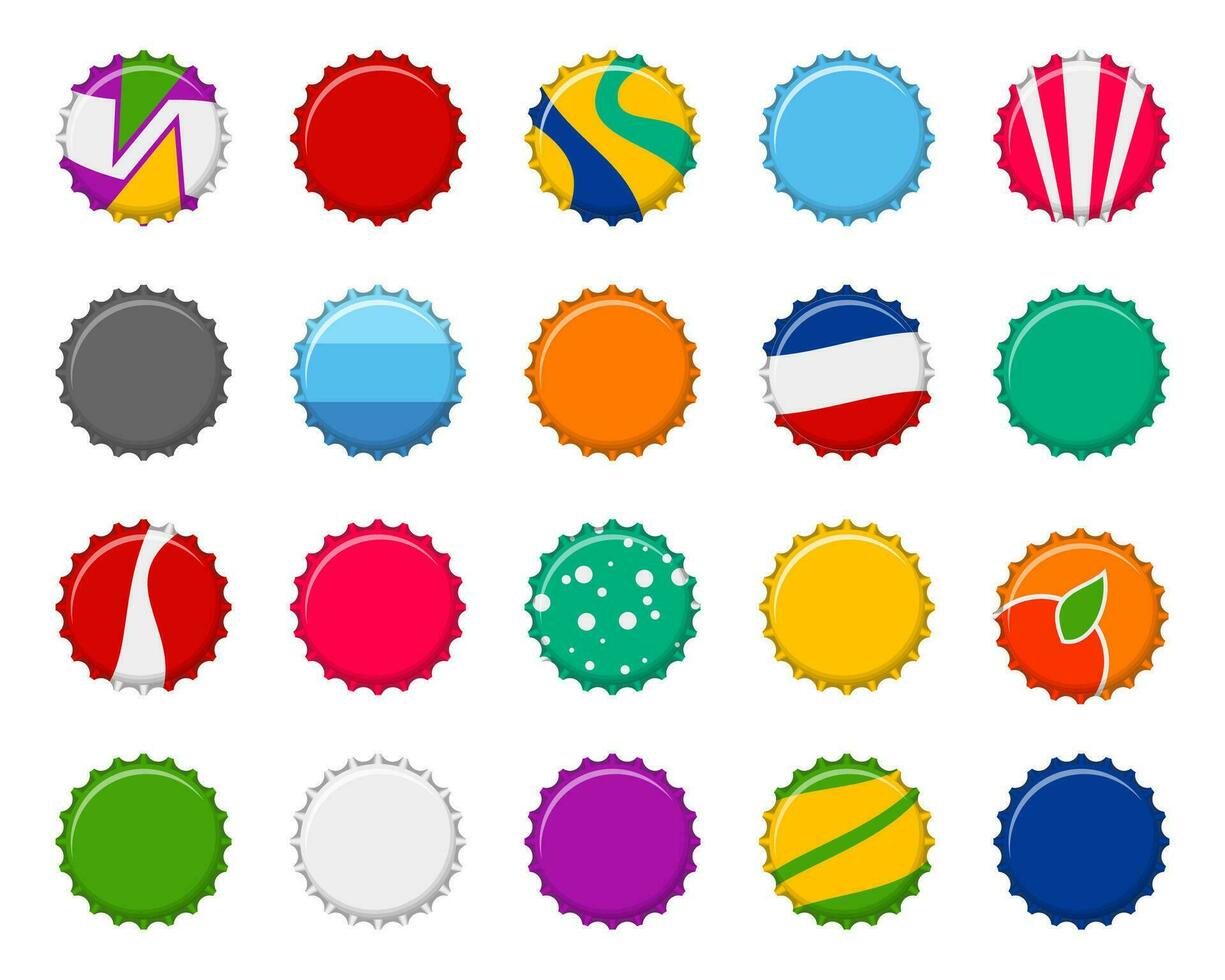 Colorful bottle caps set isolated on white background. Labels in the form of bottle aluminum caps, Soda or juice bottle tops icon. Vector illustration.