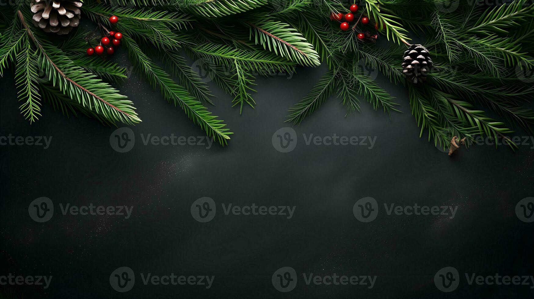 Christmas background with xmas tree and fir cones on black background. Space for text. photo