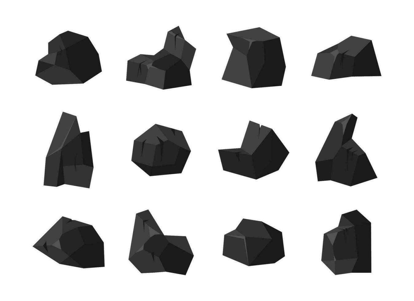 A set of pieces of fossil stone black coal of various shapes with different illumination of the surface. Charcoal isolated on white background. Vector illustration.