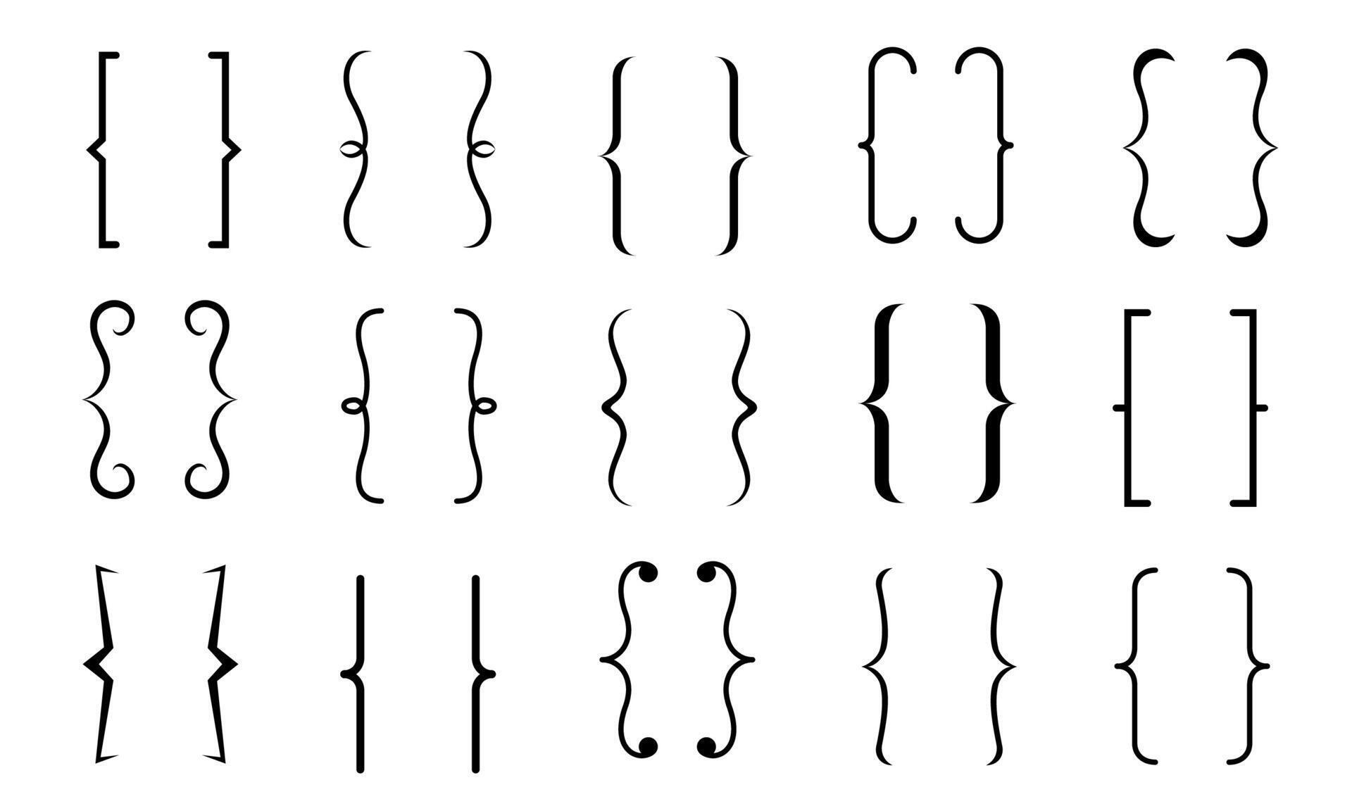 Set of curly braces icons for graphic design isolated on white