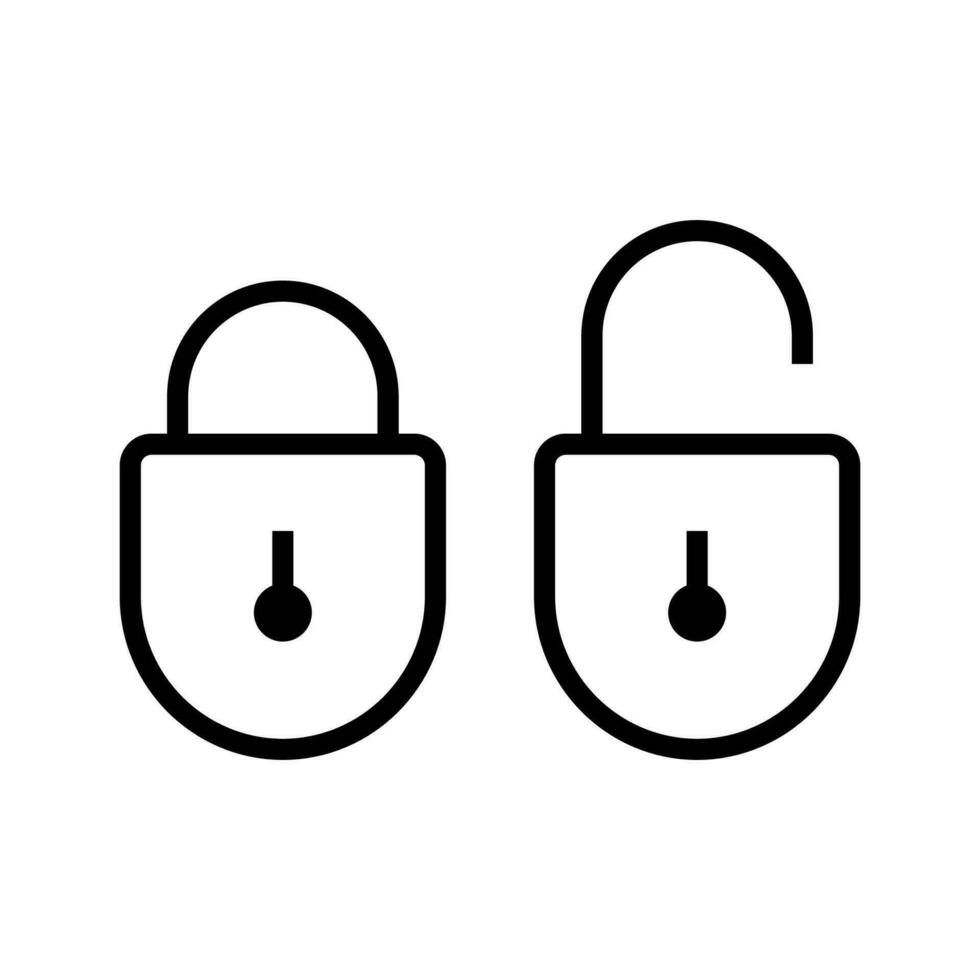 Lock and unlock icon in line style isolated on white background. Open and closed padlocks security symbol. Vector illustration.