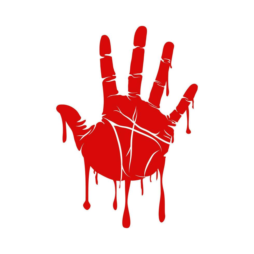 Blood hand print isolated on white background. Horror scary blood dirty handprint, fingerprint. Red palm scary elements with stain, splatter and streams. Murder or crime vector illustration