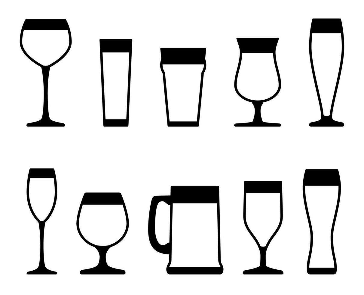 cerveza lentes y tazas íconos colocar. alcohólico bebida menú colección colocar. etiquetado visualización con varios lentes estilos para cerveza rubia, pilsner, cerveza inglesa, dunkel y portero bebidas vector ilustración