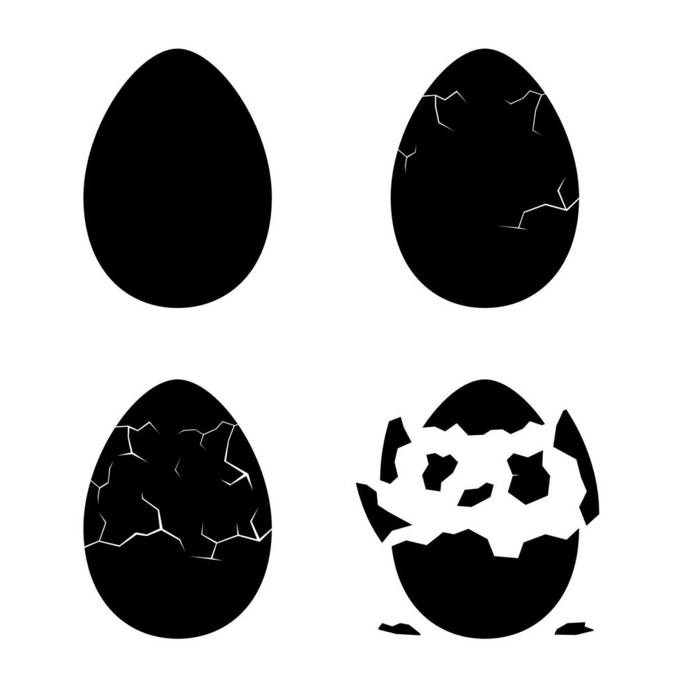 Egg breaking sequence icon isolated on white background. Farm chicken eggshell cracking stages. Hatching chick stages. Cracked eggs icon with eggshell pieces. Easter elements design. Vector. vector