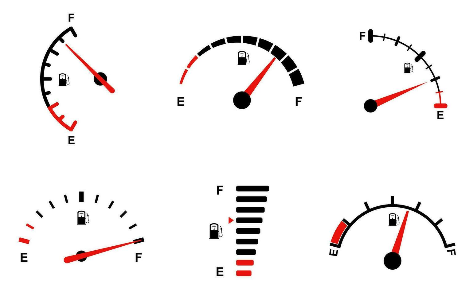Fuel indicator for gas, petrol, gasoline, diesel level count. Set of fuel gauge scales icons. Car gauge for measuring fuel consumption and control gas tank fullness. Performance measurement. Vector. vector