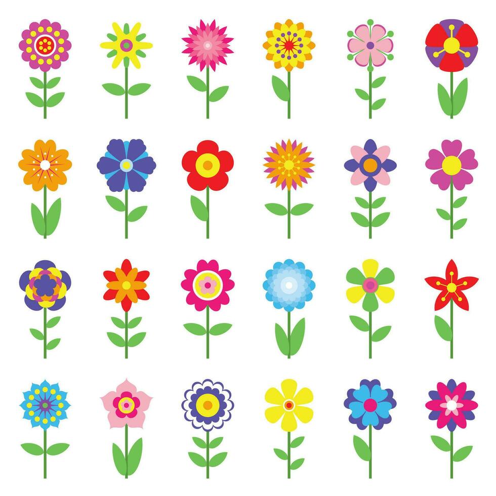 Set of flat spring flower icons isolated on white background. Simple colorful floral icons in bright colors. Decorative flower silhouette collection. Different shape and various colors clipart vector. vector