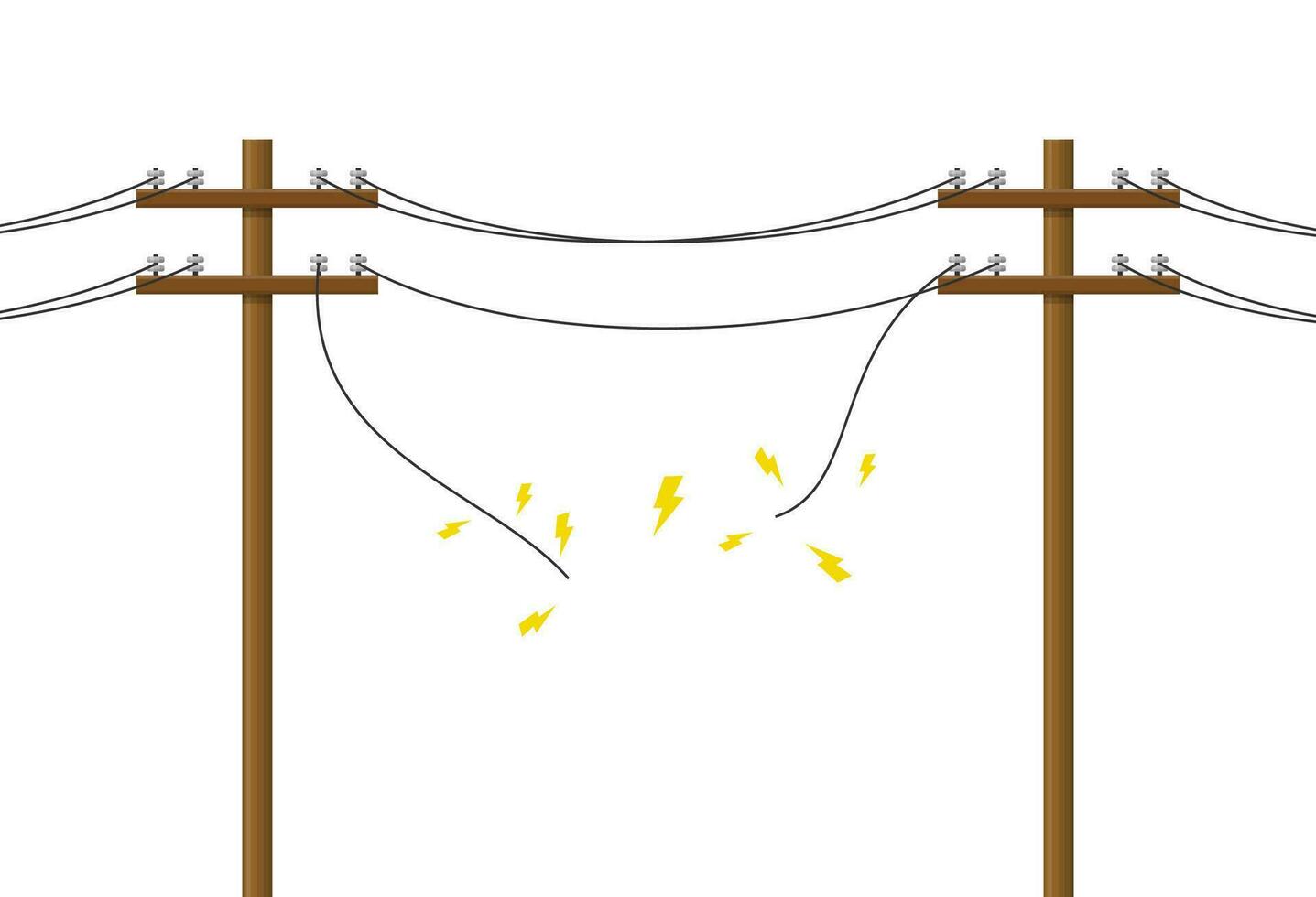 roto eléctrico polo dañado corto circuito con Chispa - chispear. madera poder líneas, eléctrico poder transmisión. utilidad polo electricidad concepto. alto voltaje alambres, vector ilustración.