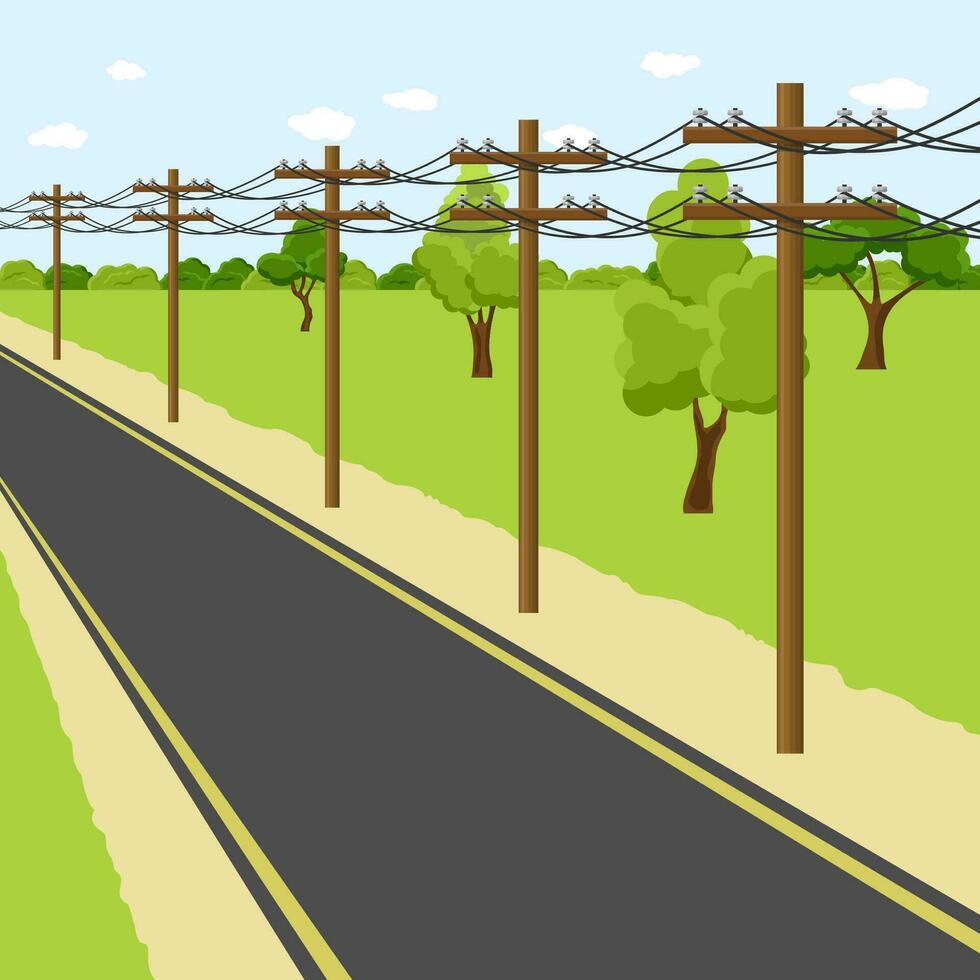 vacío campo la carretera con electricidad polo a lo largo el forma. utilidad polo electricidad concepto. alto voltaje alambres paisaje vector ilustración.