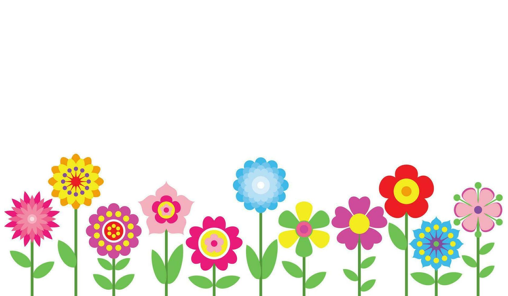 Spring flowers border isolated on white background. Simple colorful floral icons in bright colors. Decorative flower silhouette collection. Horizontal white banner. Vector illustration.