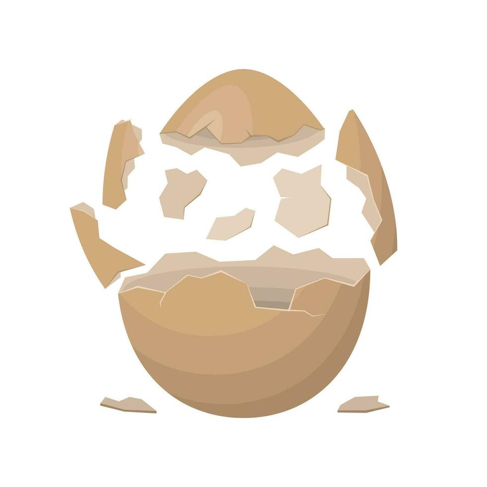 Broken egg isolated on a white background. Farm chicken eggshell cracking. Cracked eggs with eggshell pieces. Easter elements design. Vector illustration.