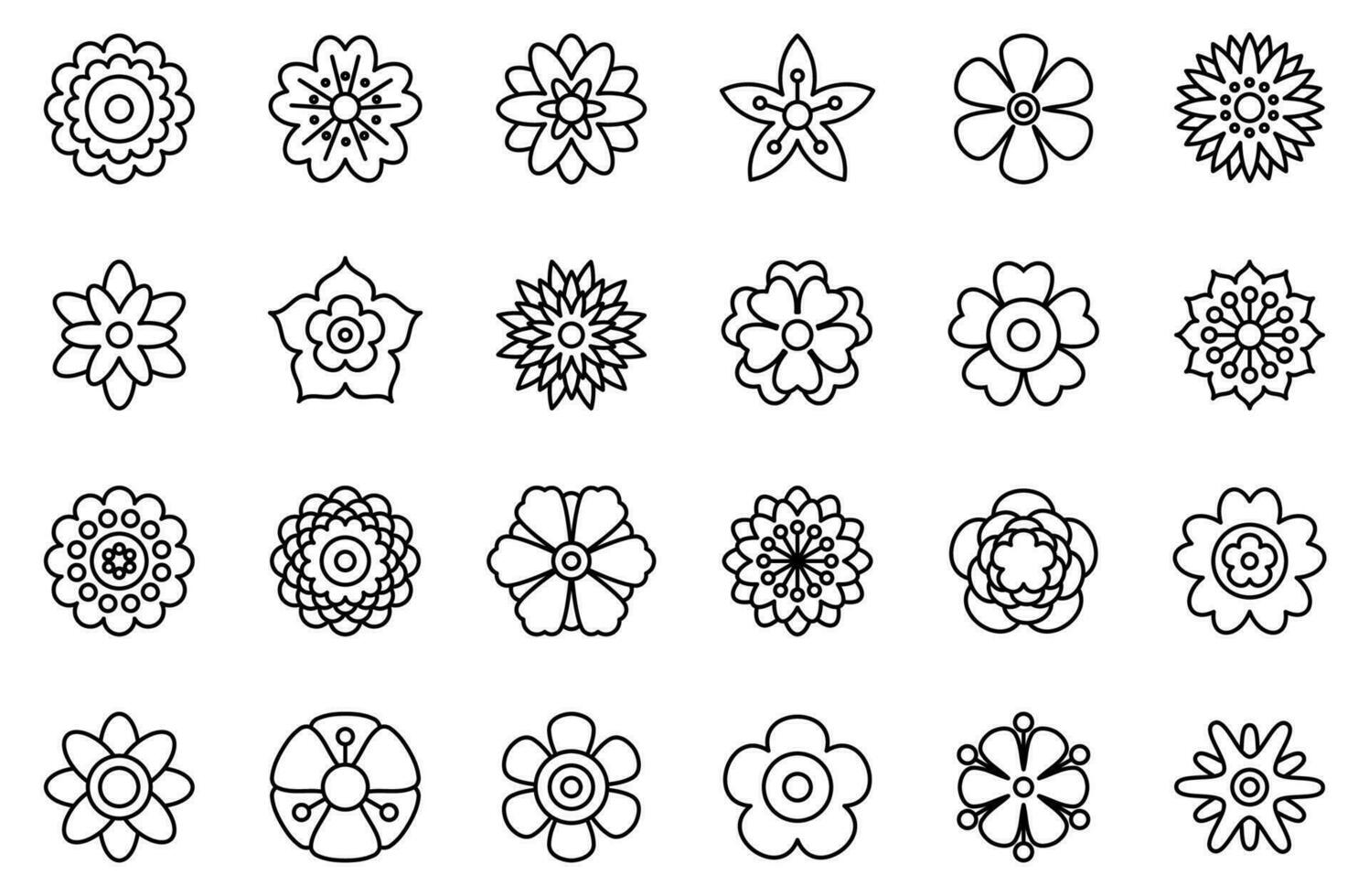 Set of spring flower line icons isolated on white background. Simple floral icons. Decorative flower silhouette collection. Different shape and various. Clipart vector illustration.