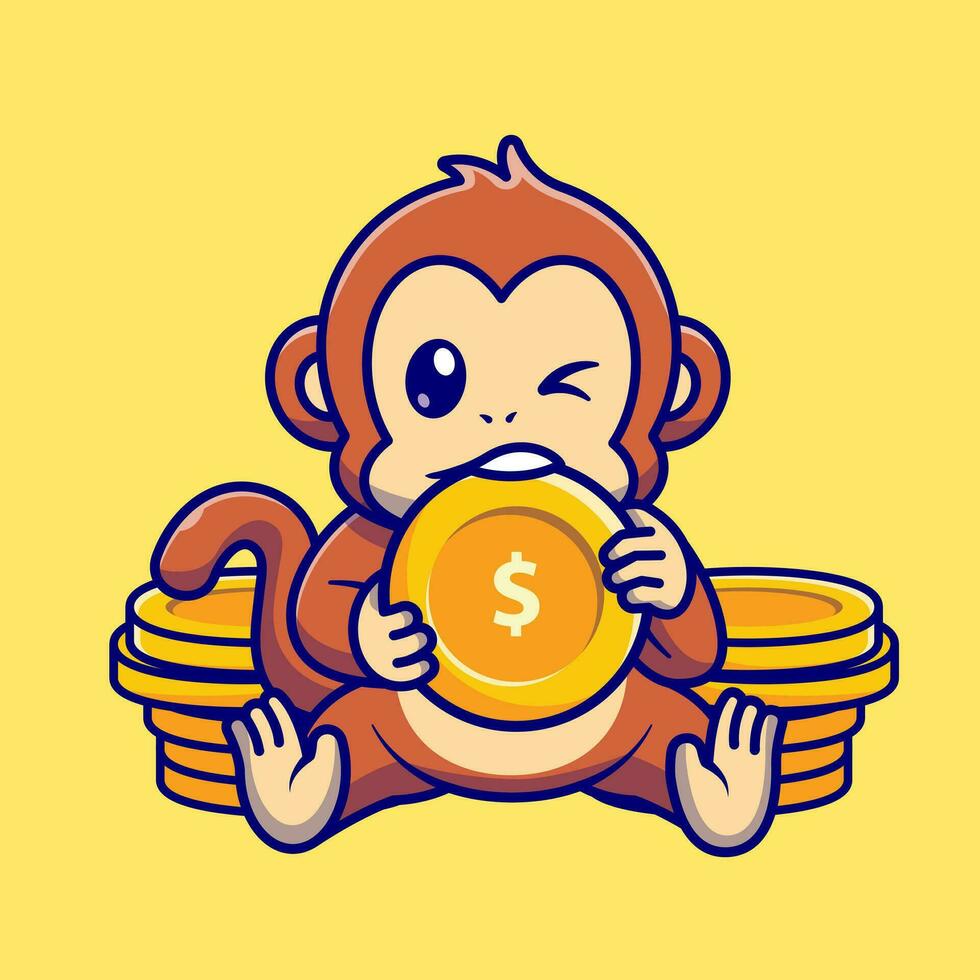 Cute Monkey Bite Gold Coin Cartoon Vector Icon Illustration.  Animal Finance Icon Concept Isolated Premium Vector. Flat  Cartoon Style