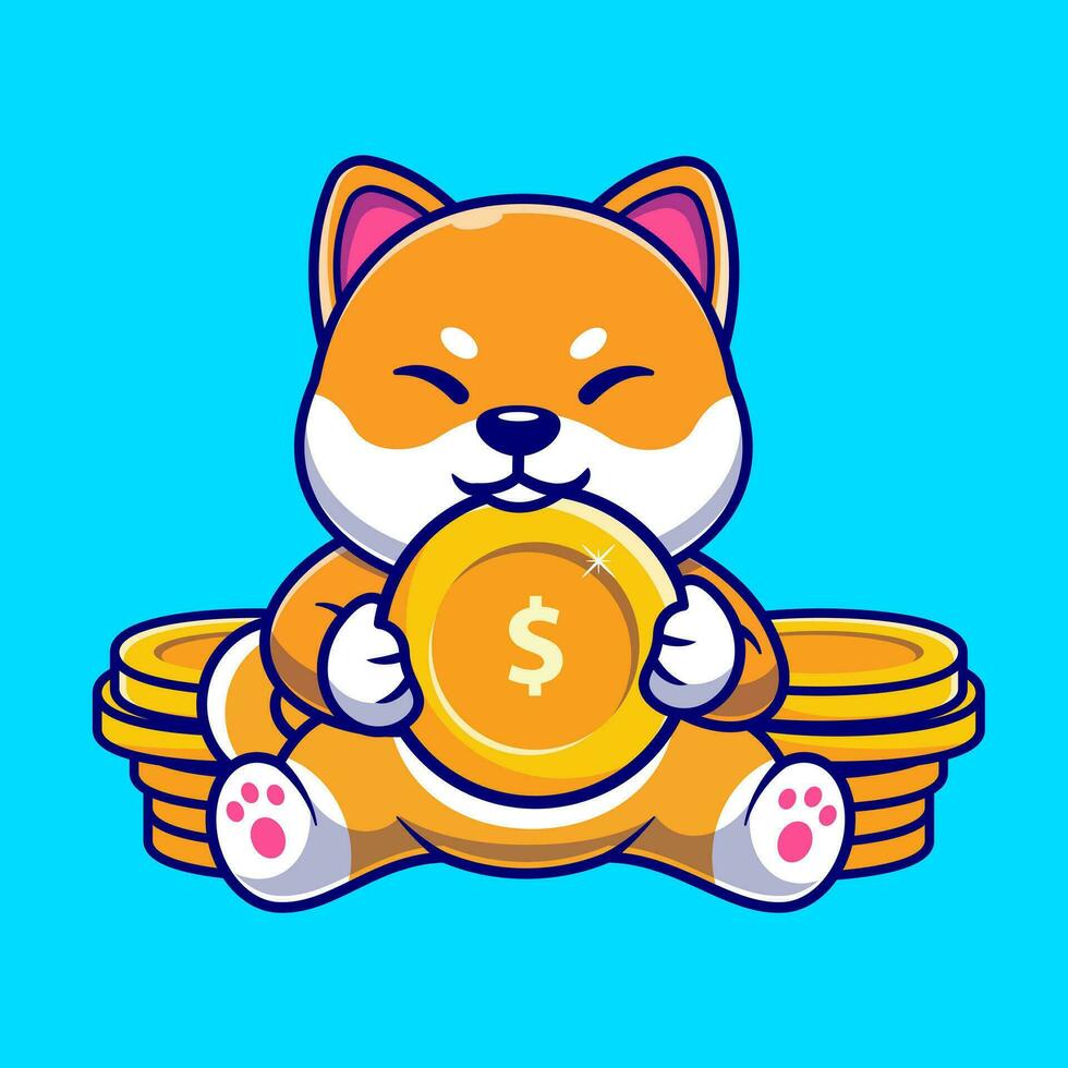 linda shiba inu perro con oro moneda dibujos animados vector icono ilustración. animal negocio icono concepto aislado prima vector. plano dibujos animados estilo