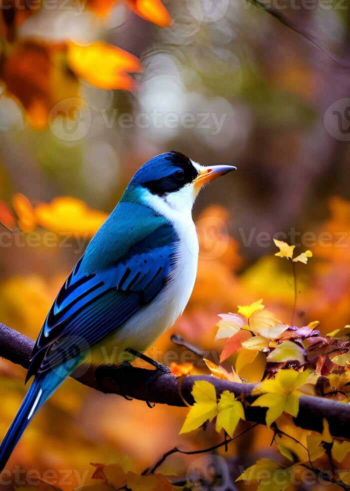 AI generated beautiful little bird titmouse sitting in an autumn garden on the branch photo