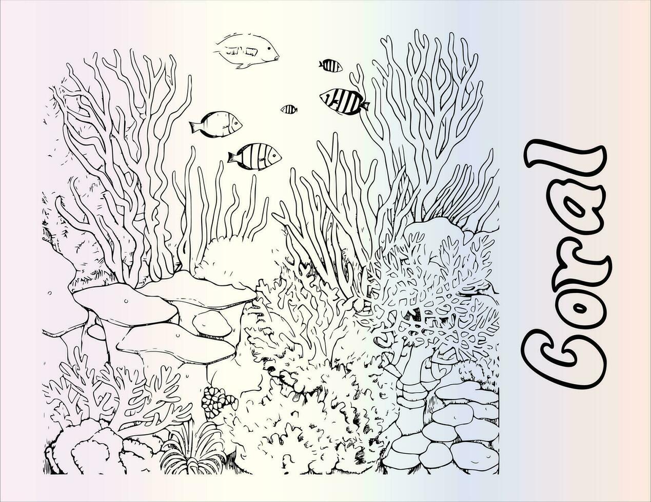 Coral Reef Coloring Page Drawing For Kids vector