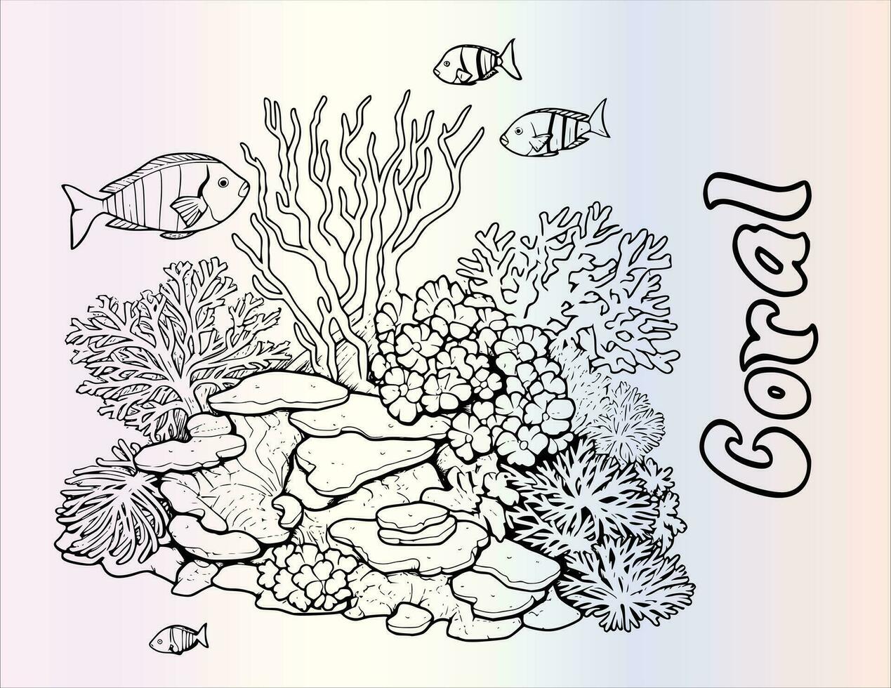 Coral Reef Coloring Page Drawing For Kids vector