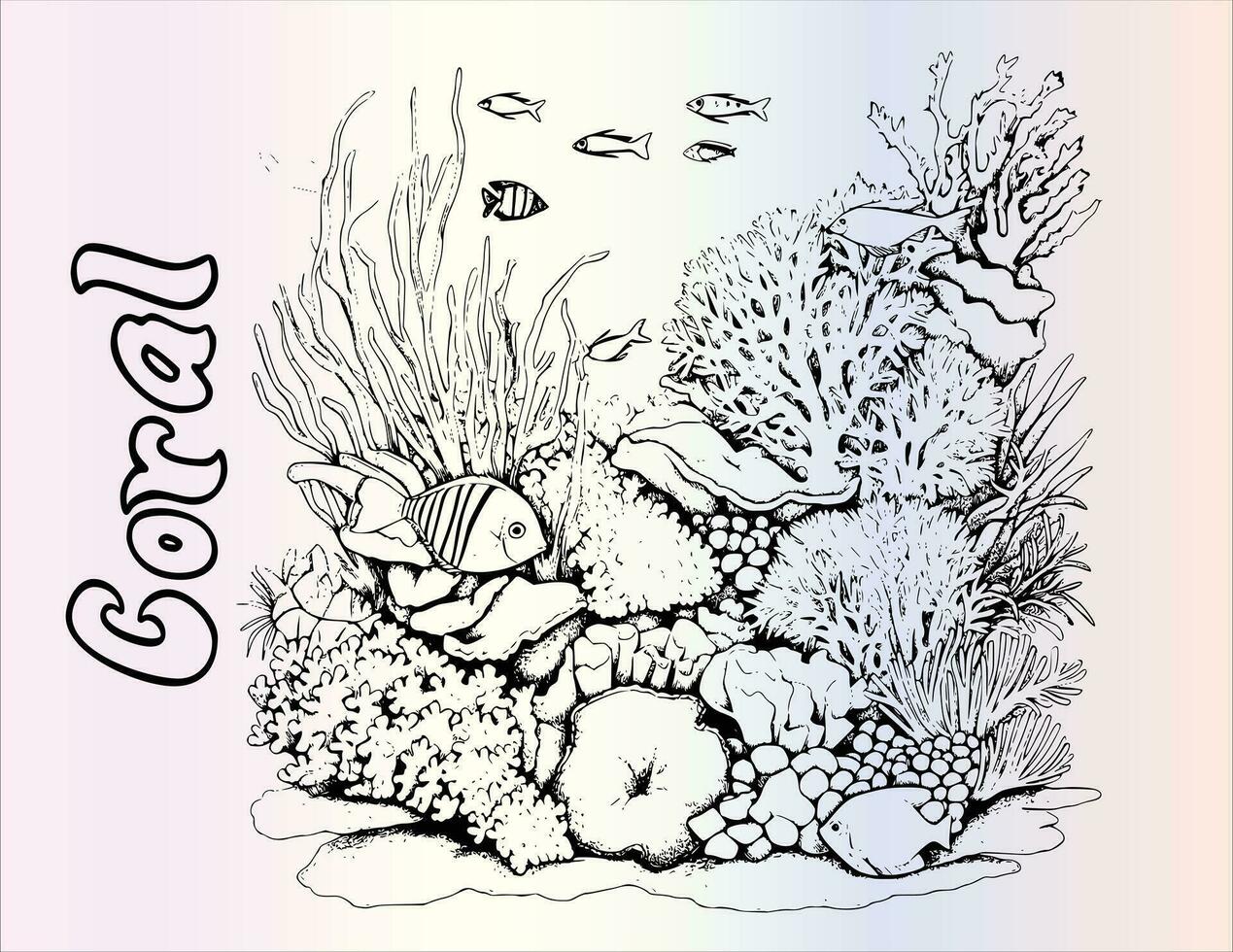 Coral Reef Coloring Page Drawing For Kids vector