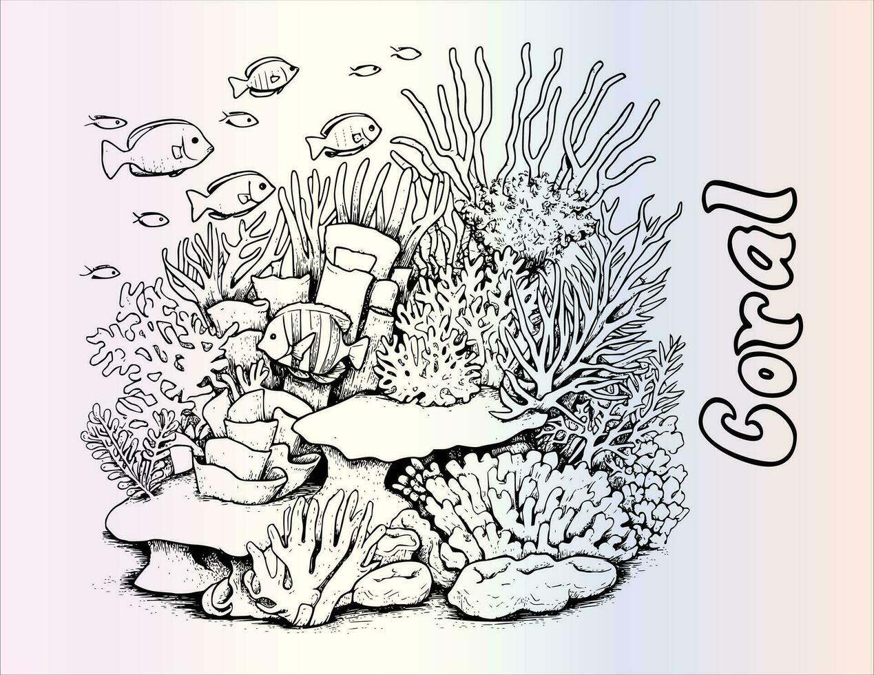 Coral Reef Coloring Page Drawing For Kids vector