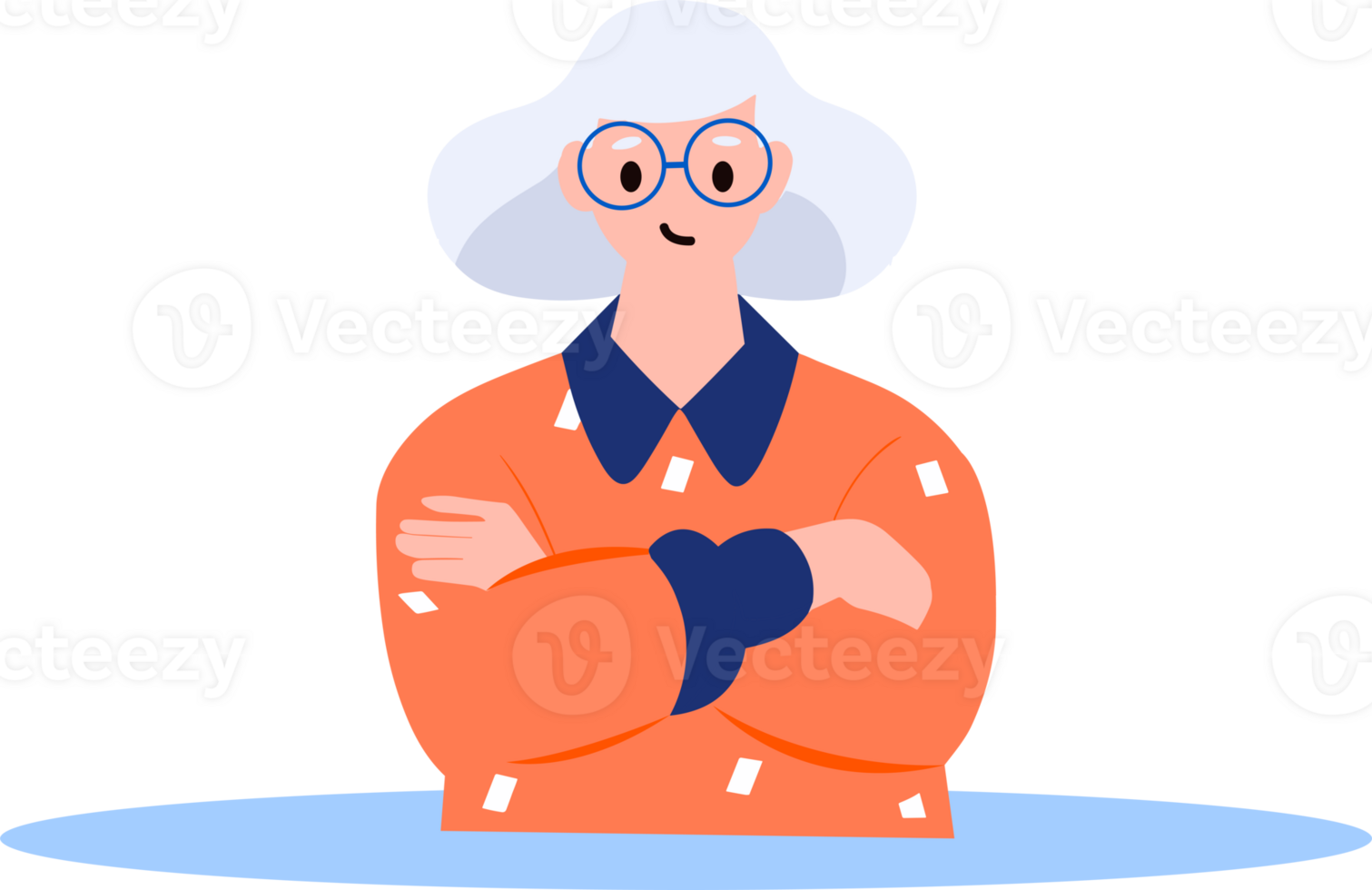 Hand Drawn old woman stands with her arms crossed with confidence in flat style png