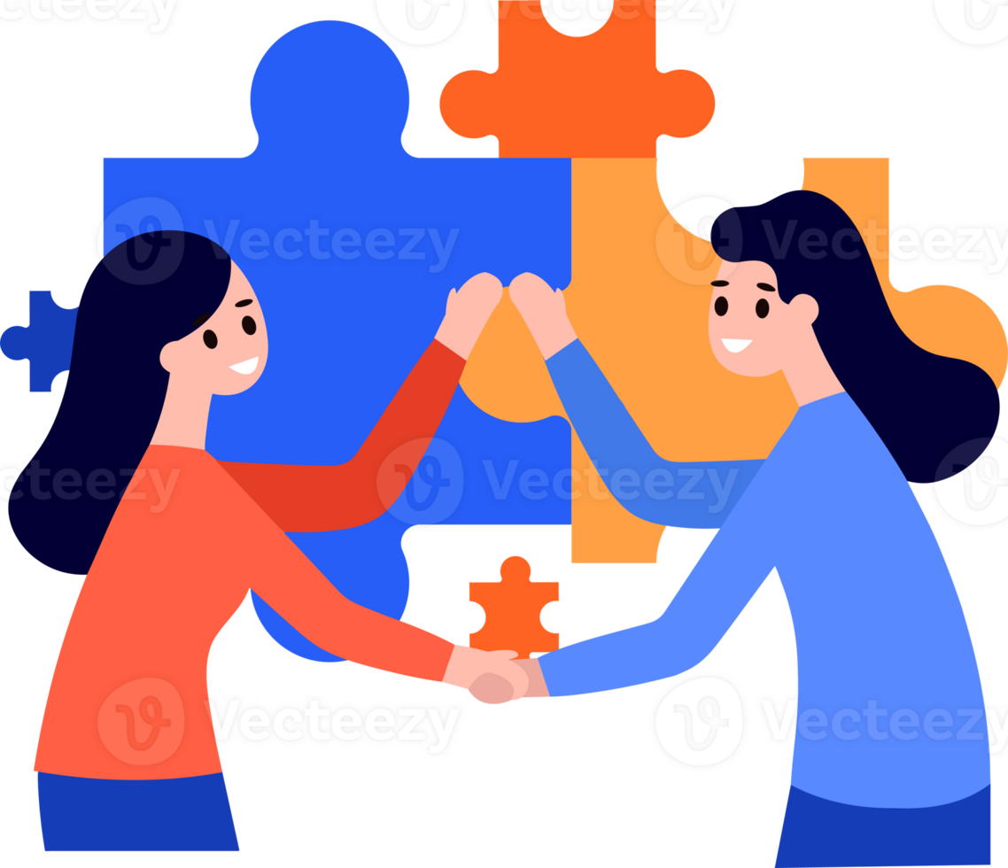 Hand Drawn Businessman with jigsaw in the concept of unity in flat style png