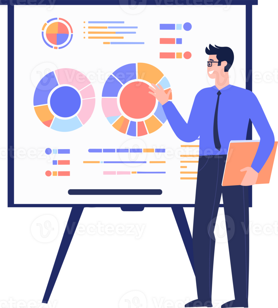 Hand Drawn Businessman with presentation charts in flat style png