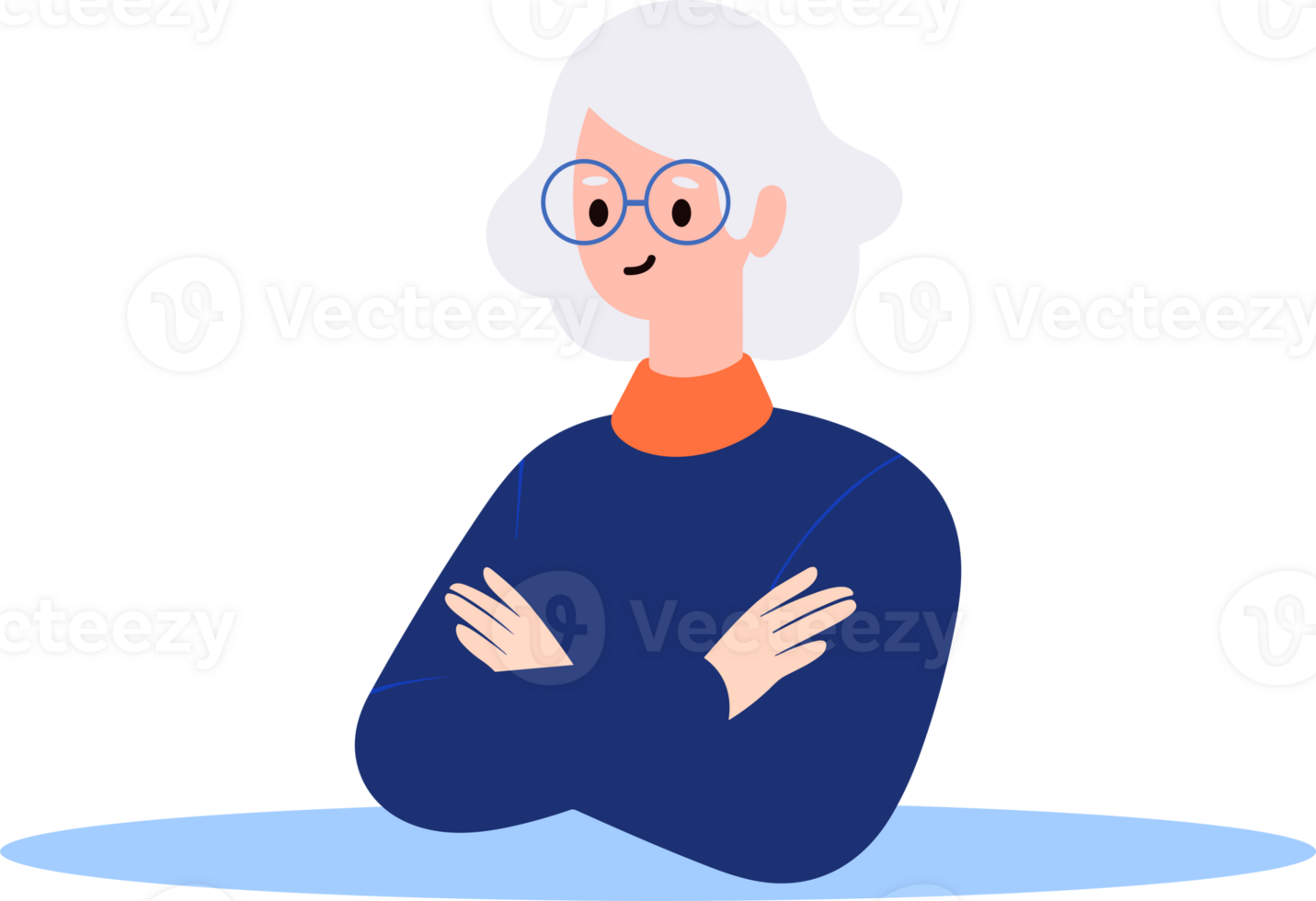 Hand Drawn old woman stands with her arms crossed with confidence in flat style png