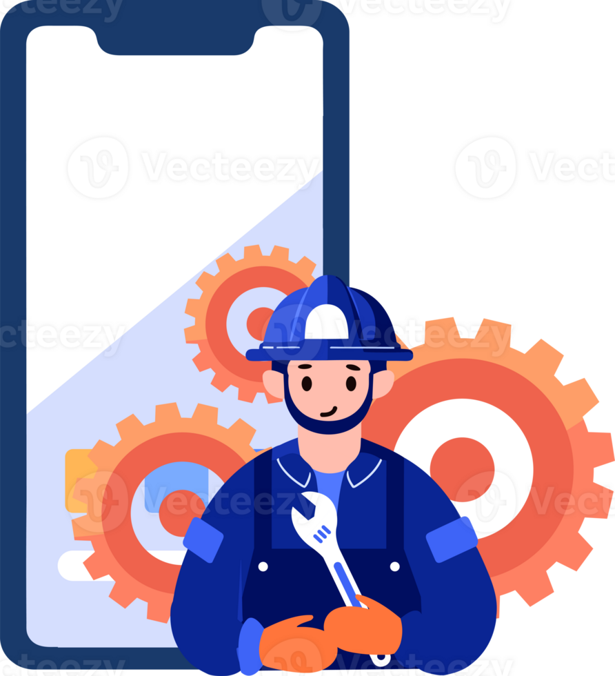 Hand Drawn Engineer or architect with cogs in construction concept in flat style png