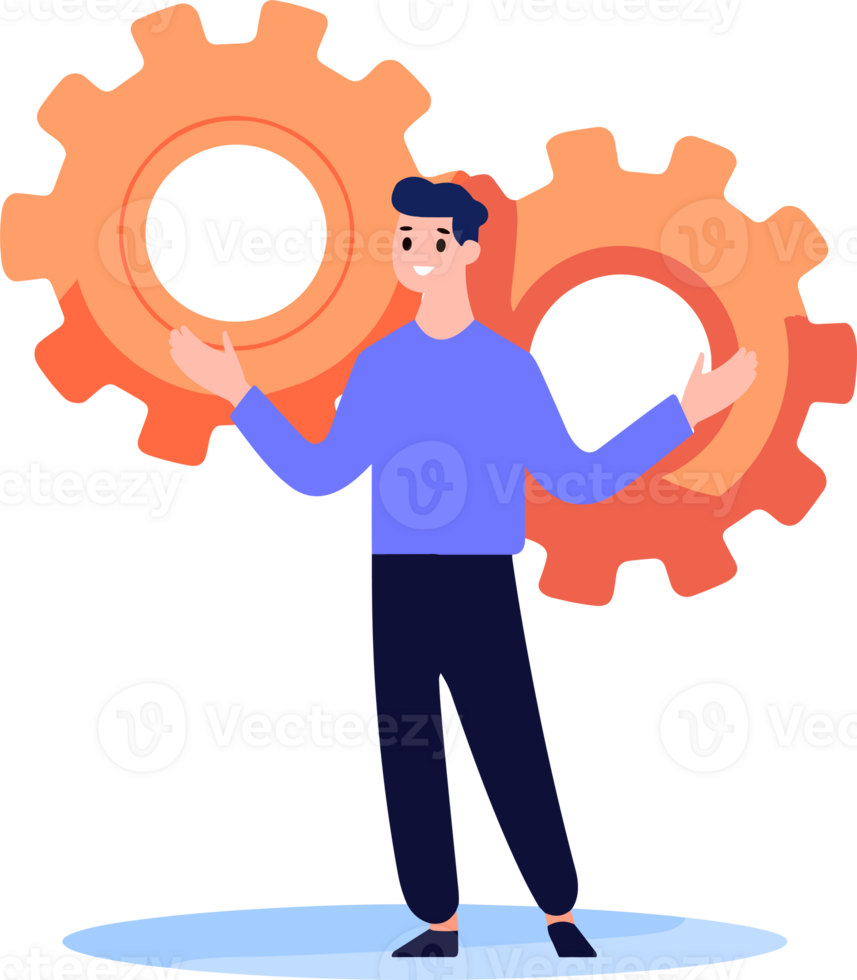 Hand Drawn Engineer or architect with cogs in construction concept in flat style png
