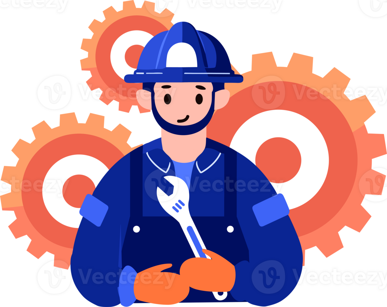 Hand Drawn Engineer or architect with cogs in construction concept in flat style png