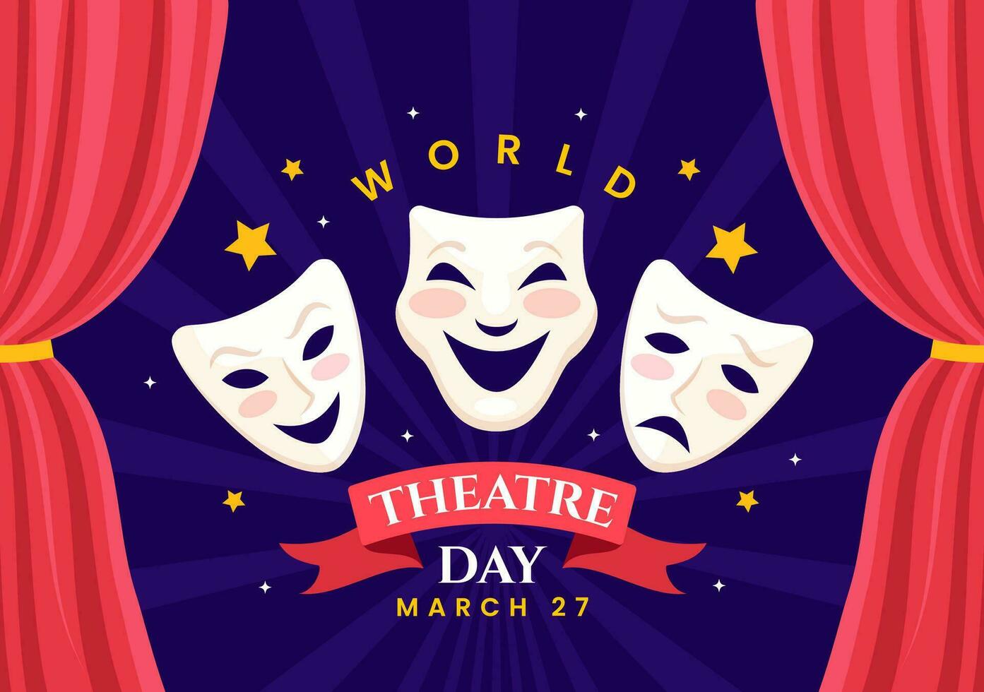 mundo teatro día vector ilustración en marzo 27 con máscara y rojo cortinas a preservar ejecutando letras y entretenimiento en plano dibujos animados antecedentes